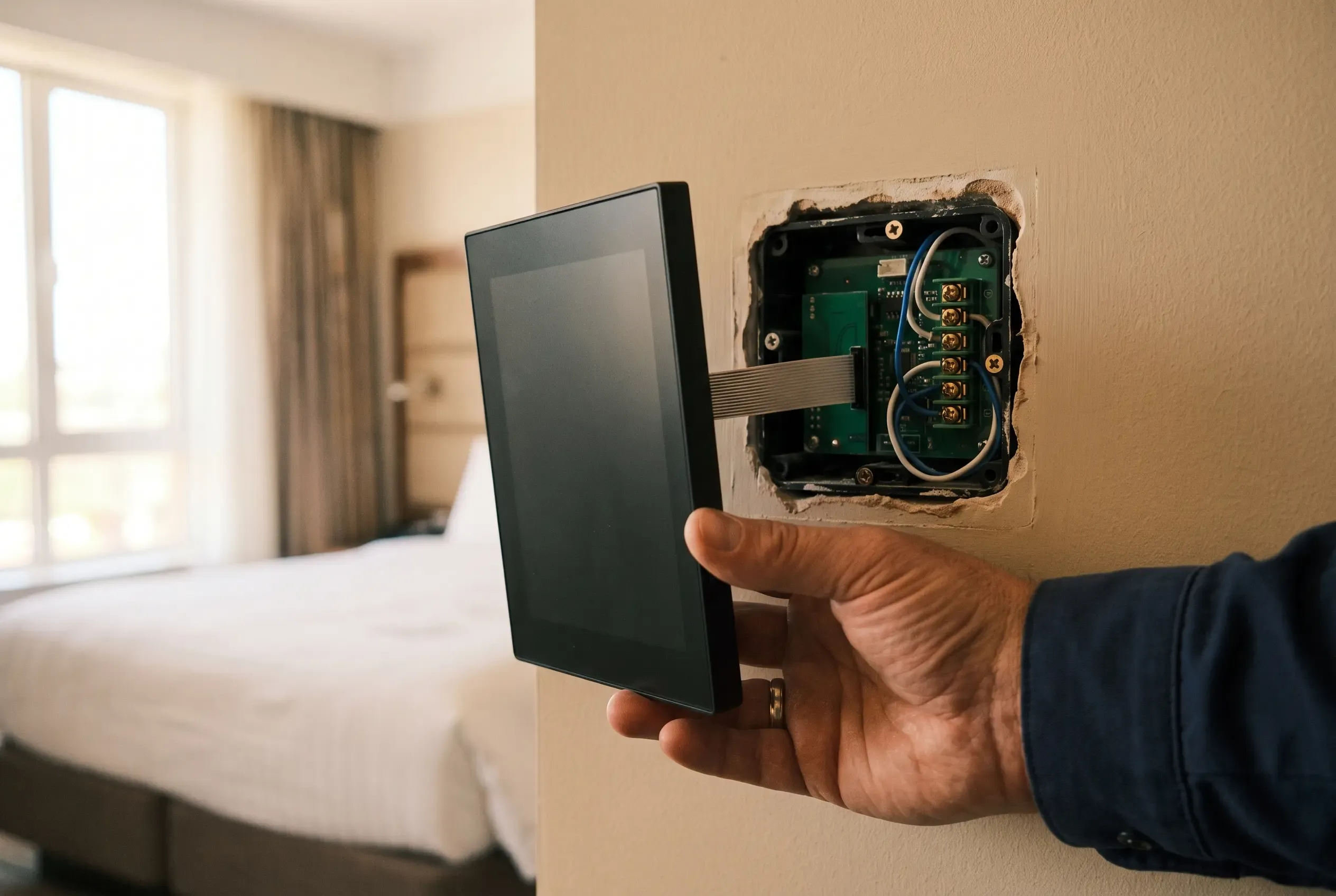 Tecnico che stacca la placca in vetro di un pannello domotico da camera, ancora collegata con il cavo piatto al modulo nella scatola da incasso