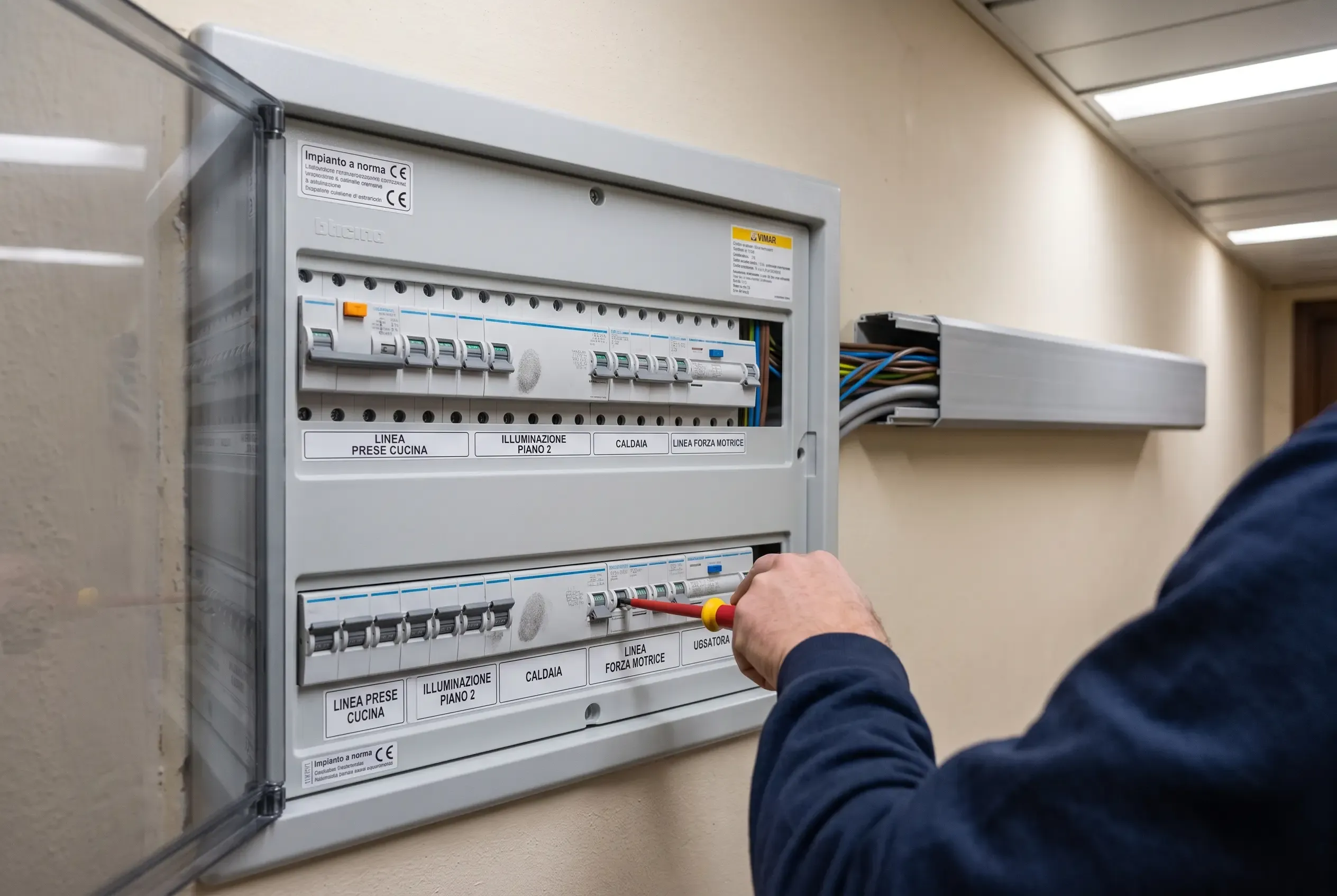 Centralino elettrico da incasso con lo sportello aperto: due file di interruttori modulari con le targhette di linea e un tecnico che serra un morsetto