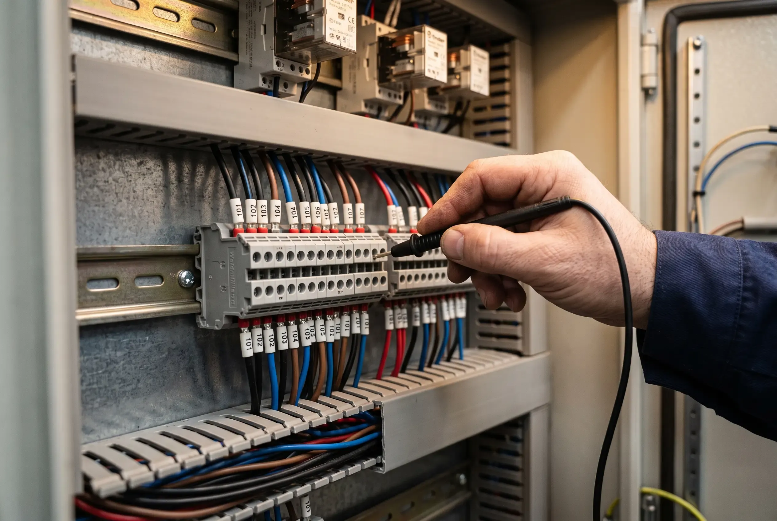 Morsettiera su guida DIN dentro un quadro di automazione: conduttori numerati uno per uno e un tecnico che appoggia il puntale del multimetro su un morsetto