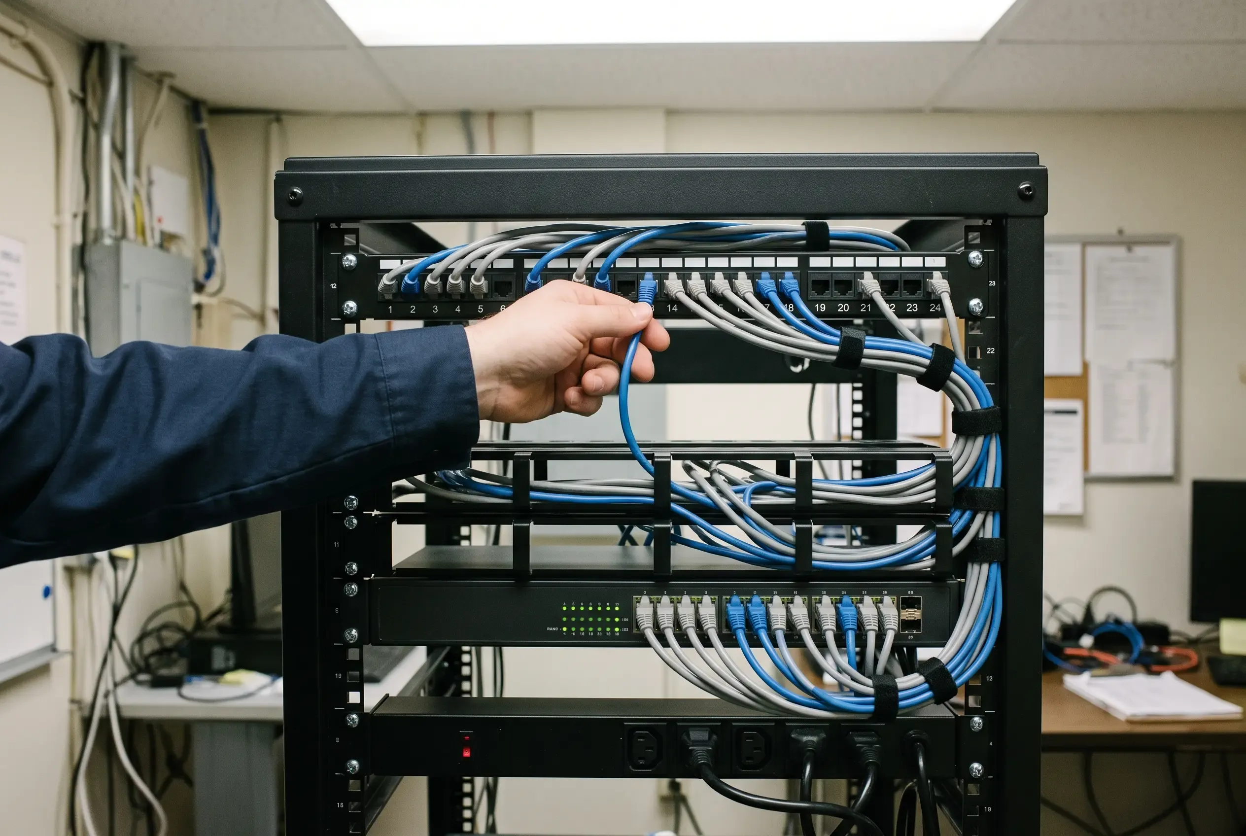 Tecnico che innesta un cavo di rete blu in un patch panel numerato a 24 porte, sopra uno switch con i LED di collegamento accesi