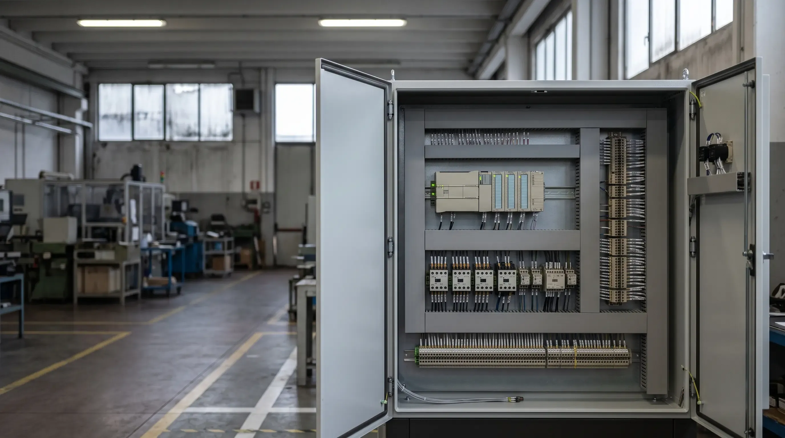 Quadro di automazione a doppia anta aperto in un capannone produttivo: PLC modulare su guida DIN, contattori e morsettiere cablate