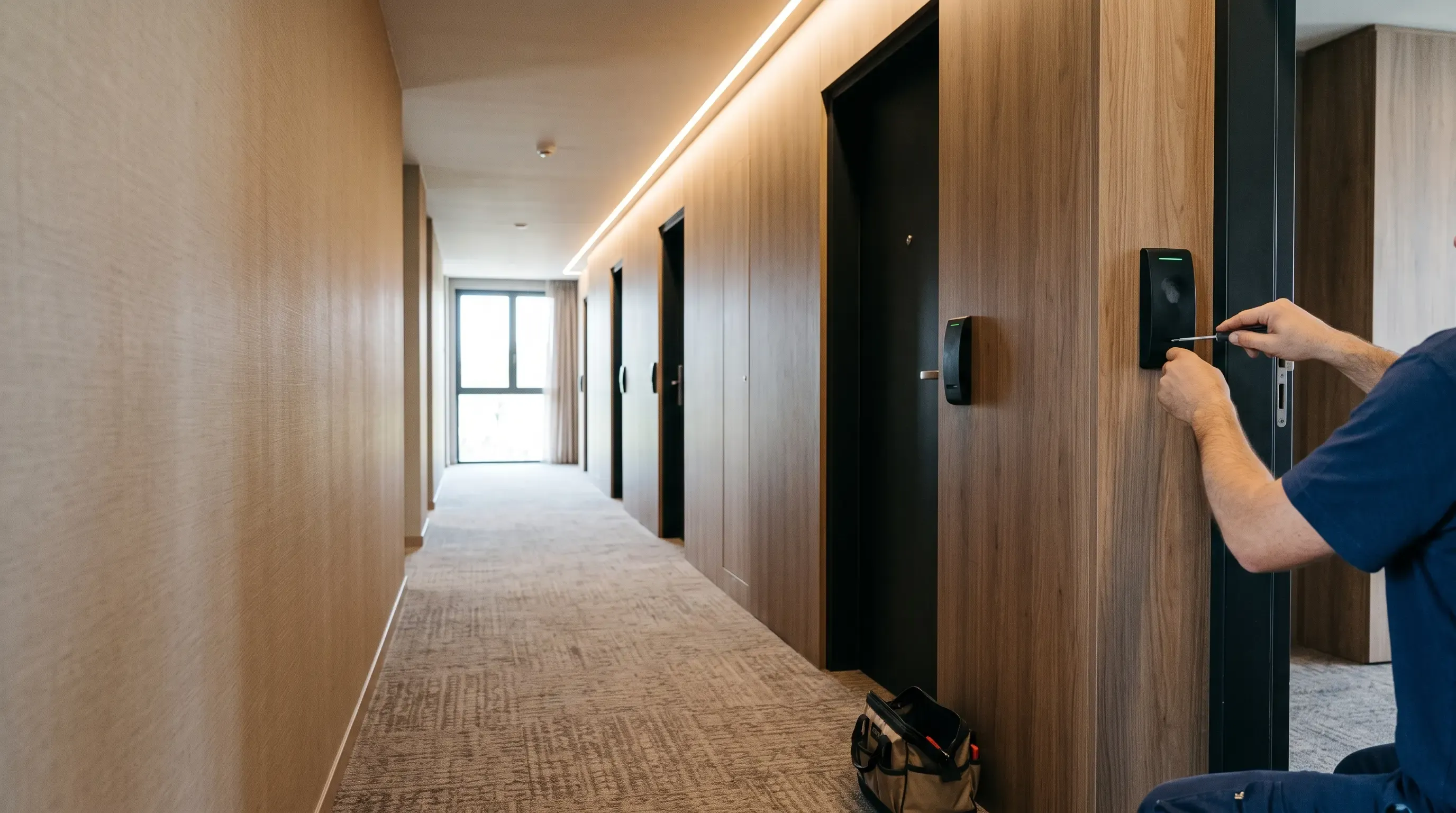 Corridoio di un hotel con illuminazione lineare a soffitto: un tecnico installa il lettore di card accanto alla porta di una camera