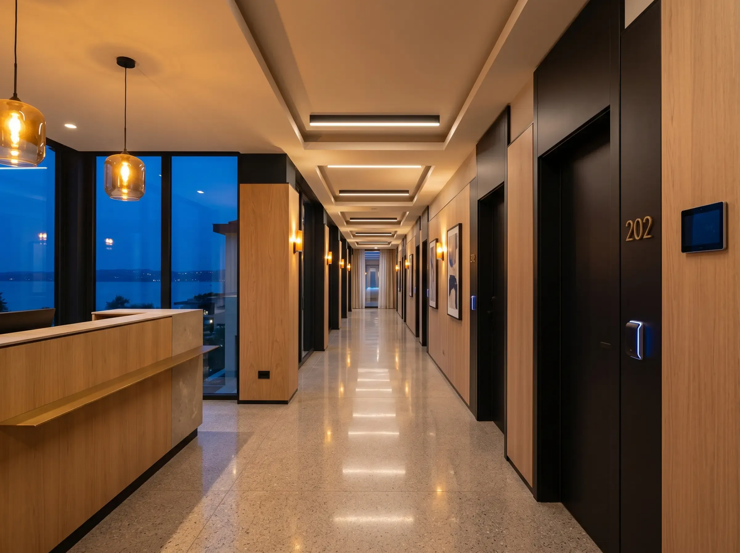 Corridoio e reception di un hotel con illuminazione integrata, lettore card di camera e pannello di climatizzazione