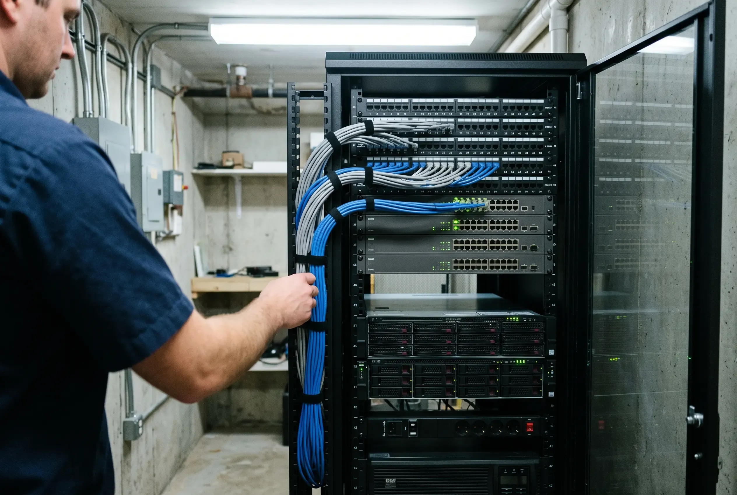 Tecnico che raccoglie un fascio di cavi di rete nella canalina verticale di un armadio rack, con patch panel, switch, server e gruppo di continuità