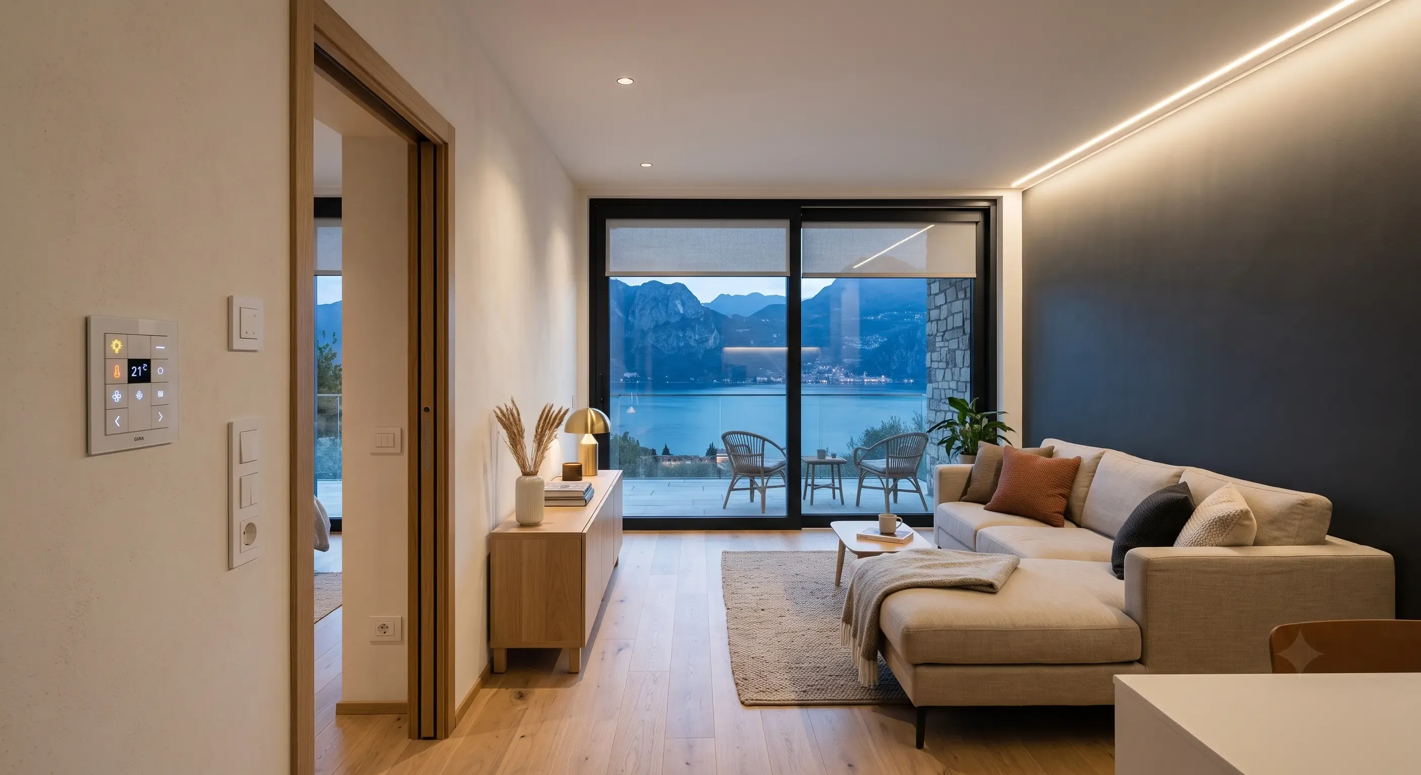 Soggiorno di una villa sul lago di Garda con pannello domotico a parete, illuminazione lineare integrata e tapparelle motorizzate