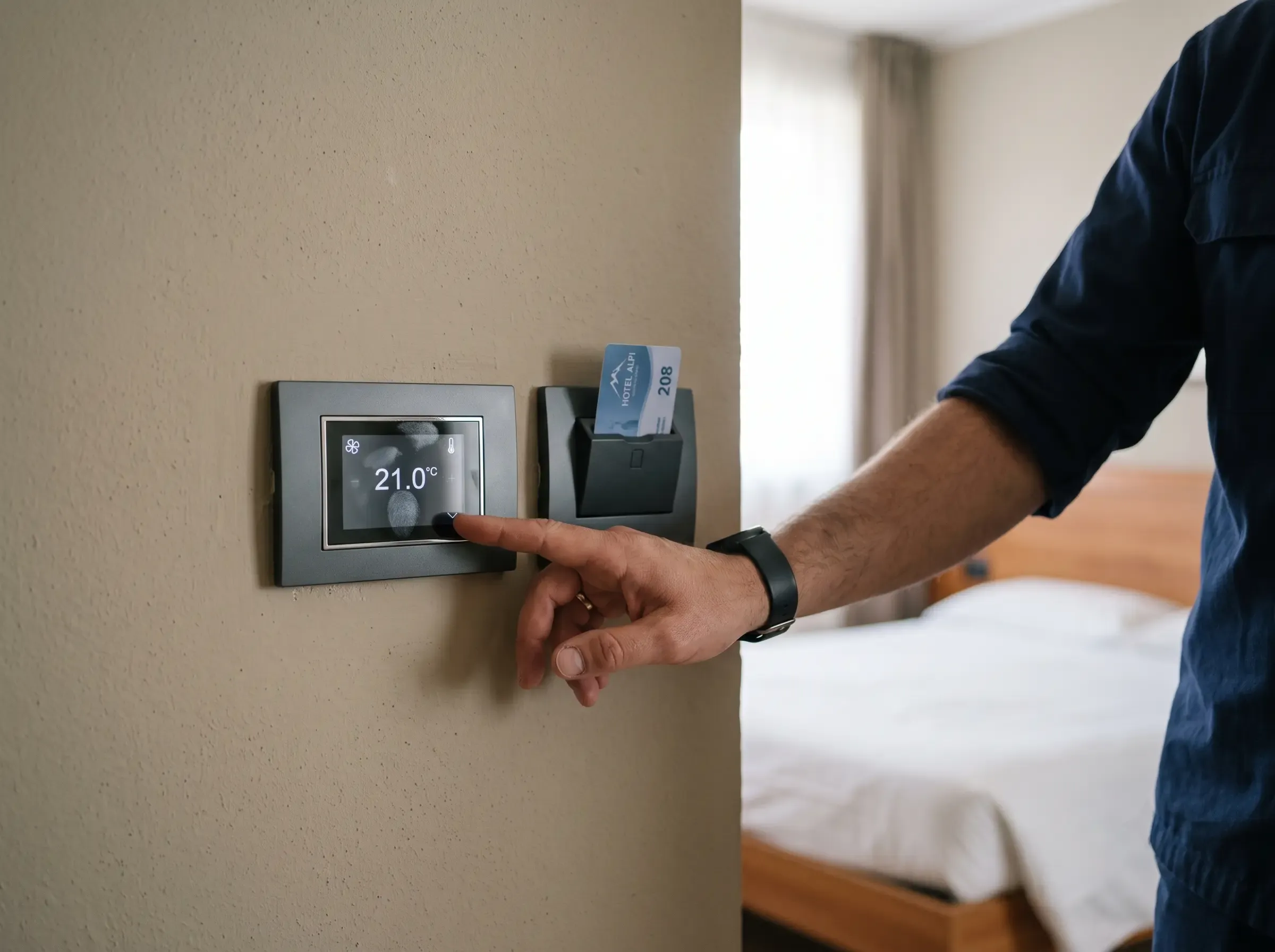 Termostato di camera a parete regolato a 21 °C accanto alla tasca porta-card, in una camera d'albergo