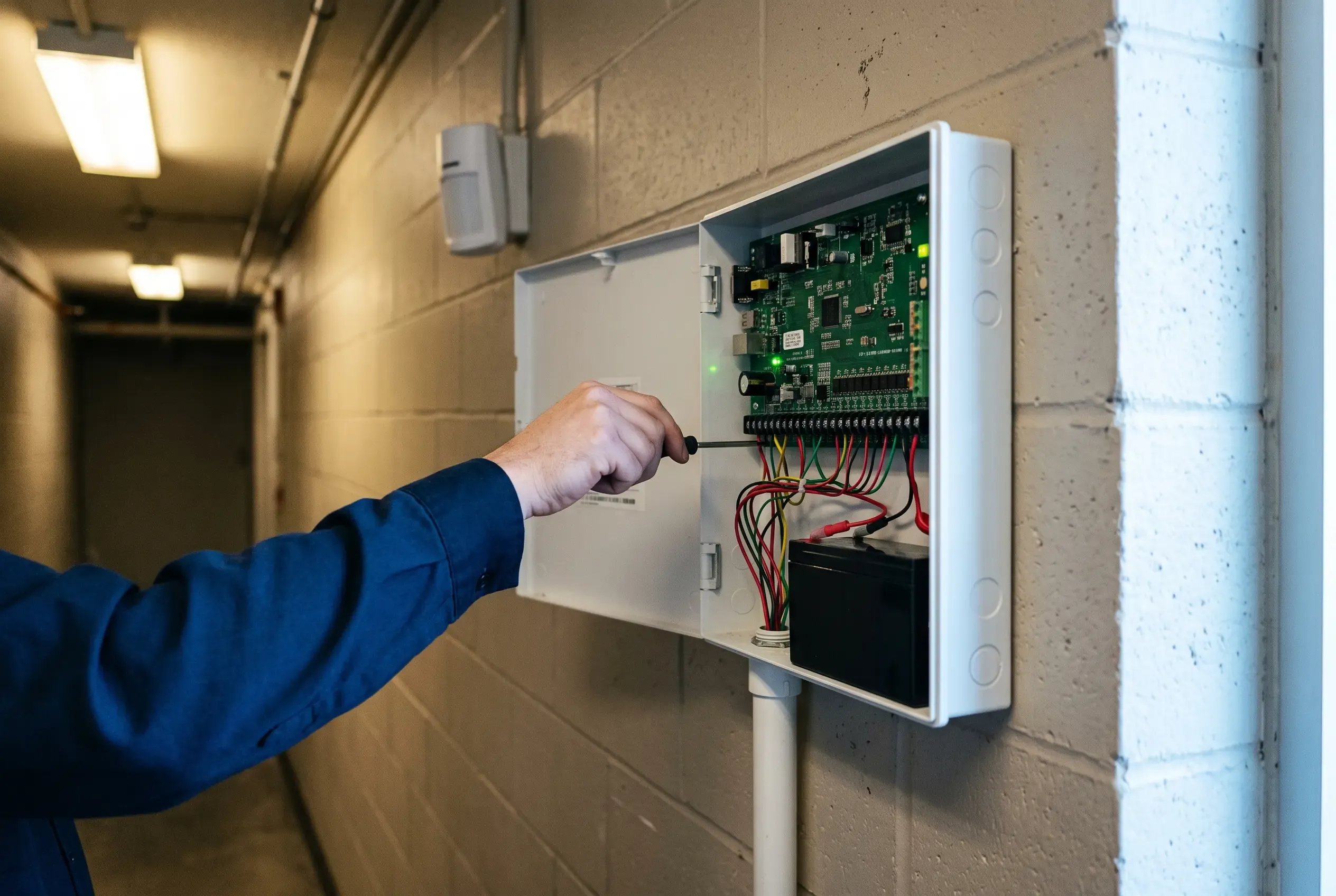 Centrale antintrusione a muro con il coperchio aperto: scheda elettronica, morsettiera cablata e batteria tampone; poco più avanti nel corridoio un sensore volumetrico