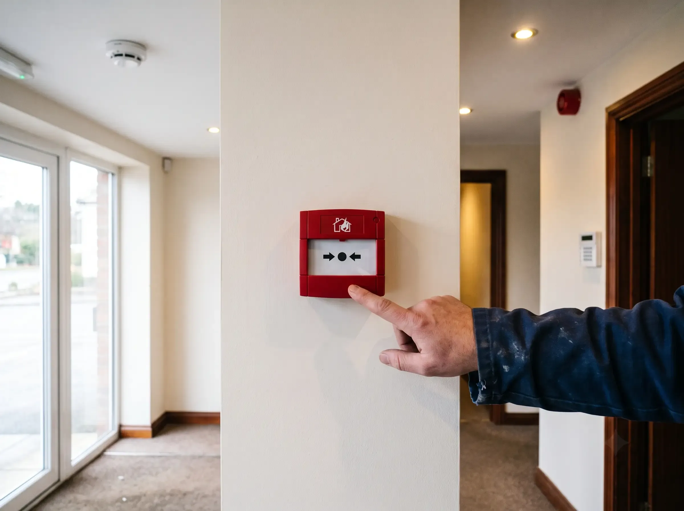Pulsante di allarme antincendio a parete, con rilevatore di fumo a soffitto e tastiera antintrusione sullo sfondo